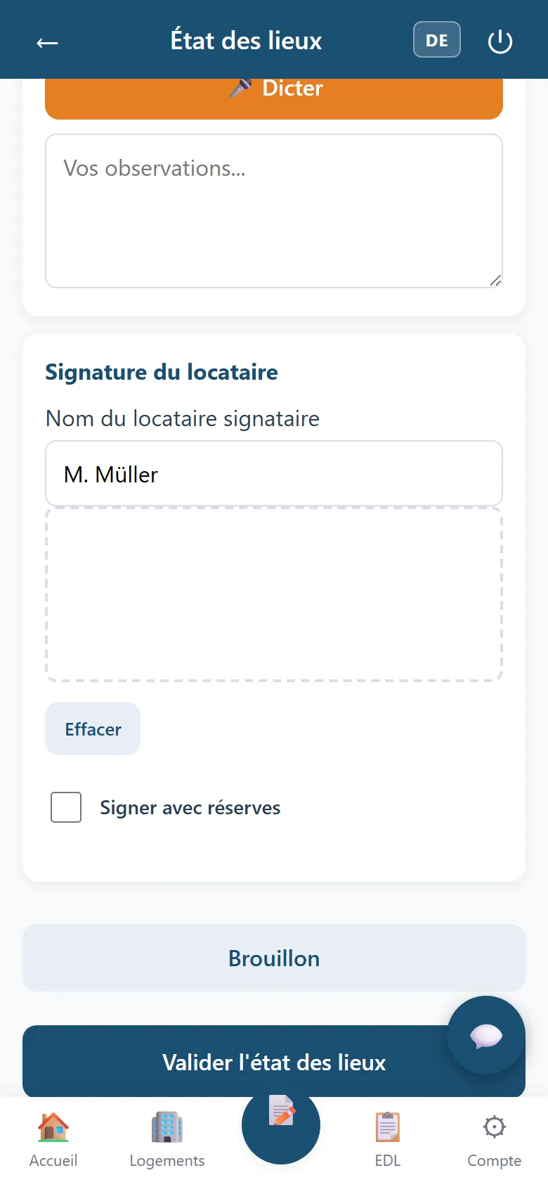 Écran de signature du locataire dans EDLAI